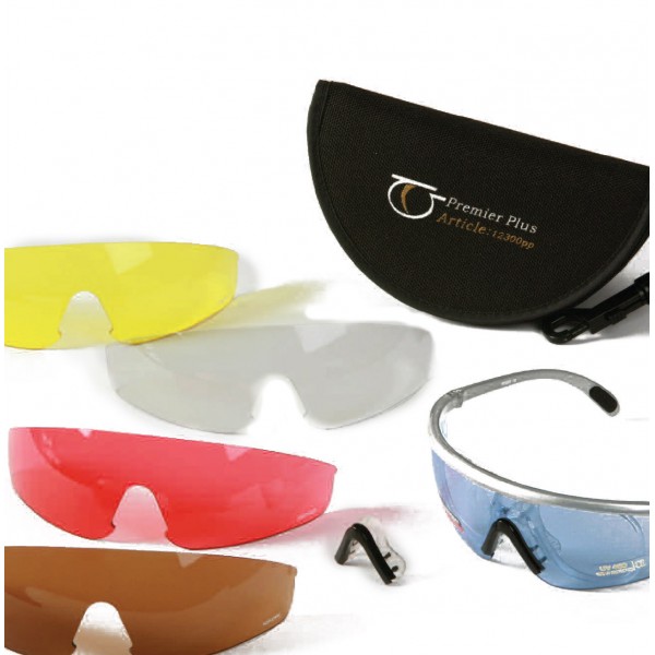 Premier Plus Shooting Glasses lenses in blue yellow red brown lilac